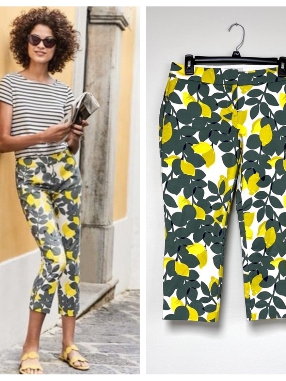 Boden White Cropped Pants with Bright Lemons and Olive / Navy Leaf Print